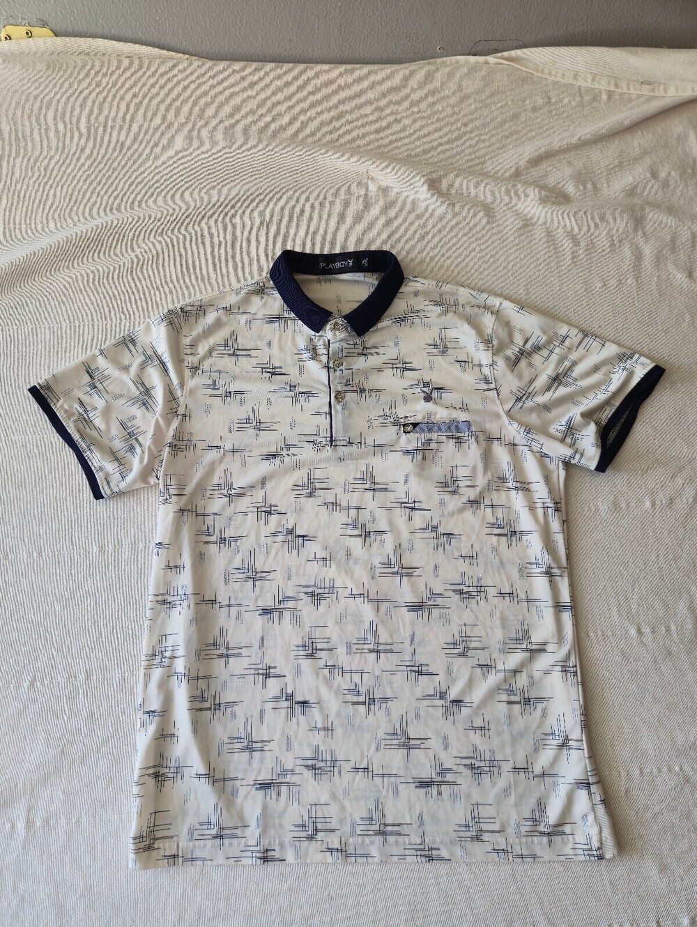 Playboy Men's White and Navy Graphic Polo Shirt Size 15